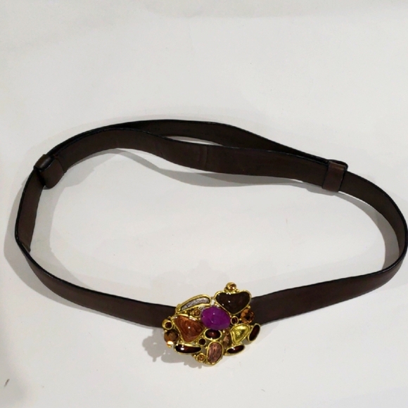 Chico's Brown Leather Belt w/ Gold & Multi-Stone Buckle  Stylish Women's Fashion - Picture 8 of 8